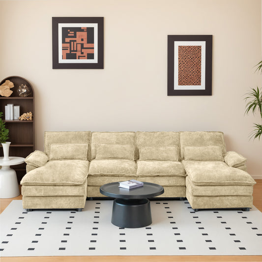 Khaki Chenille Modular Sectional Sofa – U-Shape, 4-Seat, Free-Combination Living Room Couch