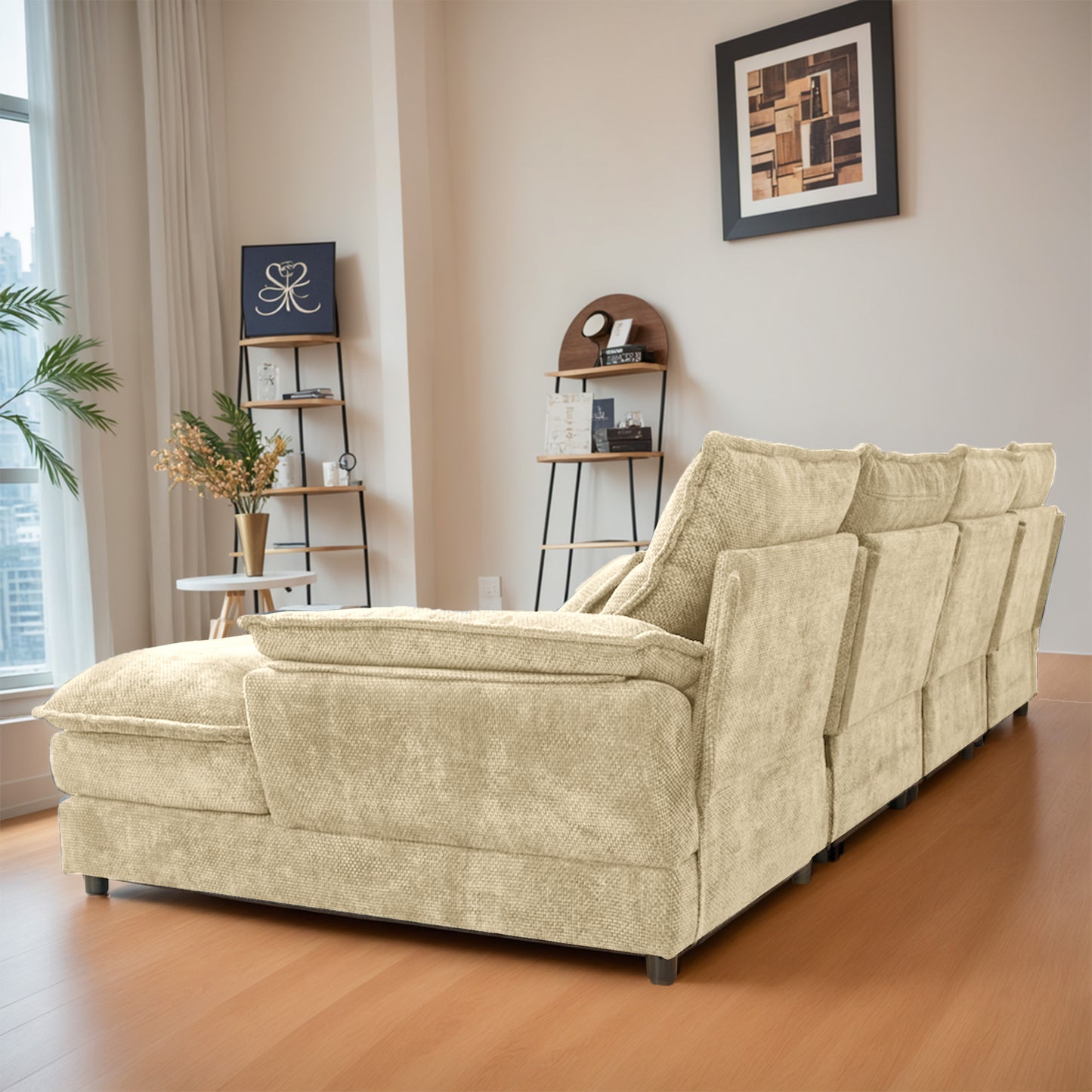 Khaki Chenille Modular Sectional Sofa – U-Shape, 4-Seat, Free-Combination Living Room Couch