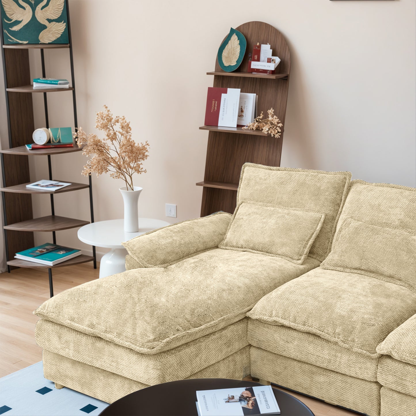 Khaki Chenille Modular Sectional Sofa – U-Shape, 4-Seat, Free-Combination Living Room Couch
