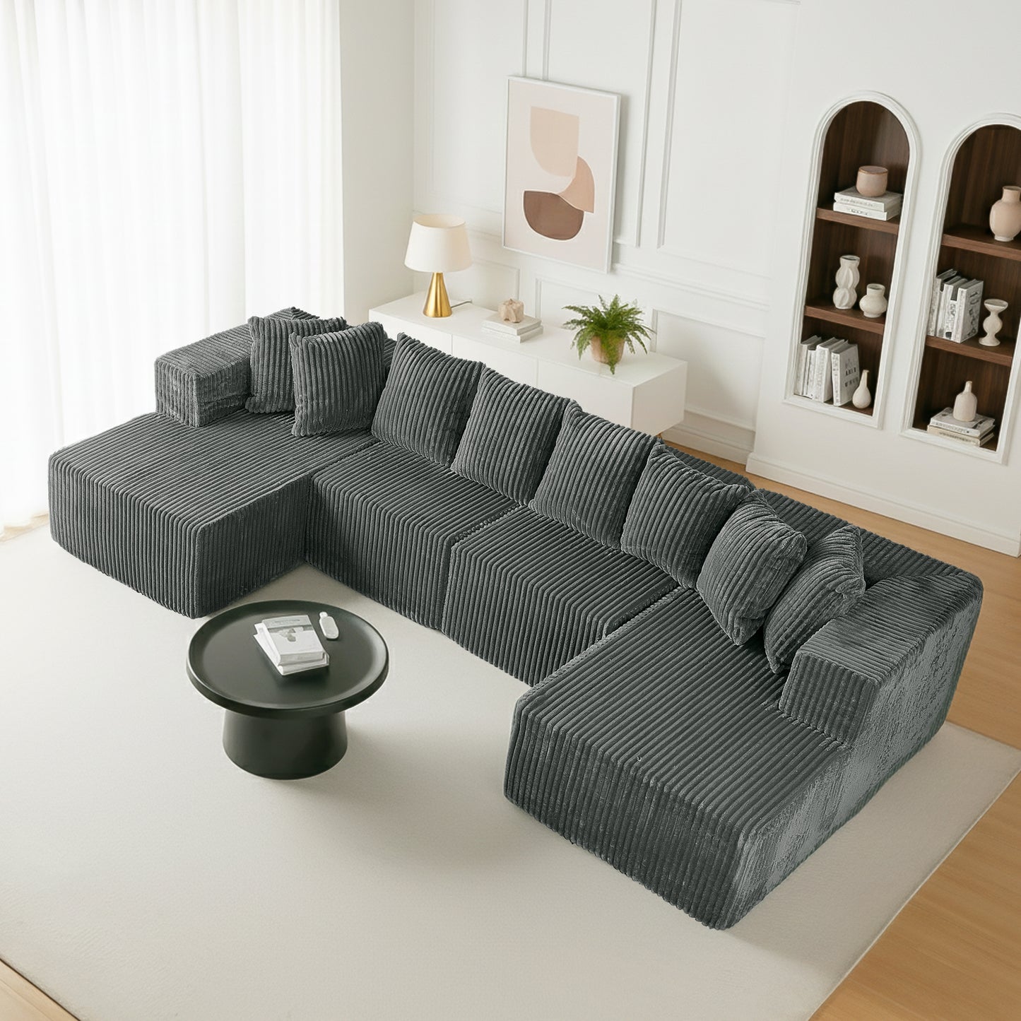 Gray Corduroy Modular Sectional Sofa – U-Design 4-Seat Living Room Couch with Leg Support & Space-Saving Flexibility
