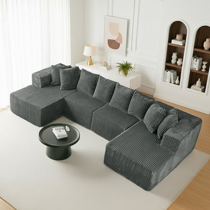 Gray Corduroy Modular Sectional Sofa – U-Design 4-Seat Living Room Couch with Leg Support & Space-Saving Flexibility