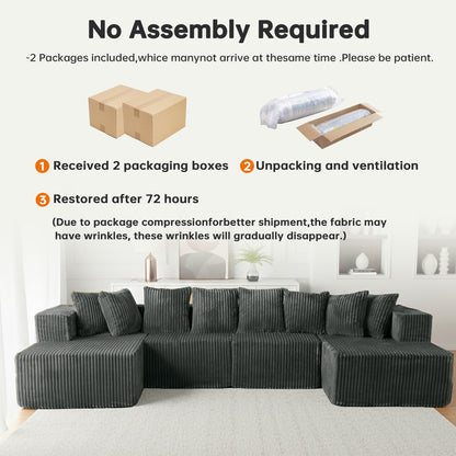 Gray Corduroy Modular Sectional Sofa – U-Design 4-Seat Living Room Couch with Leg Support & Space-Saving Flexibility