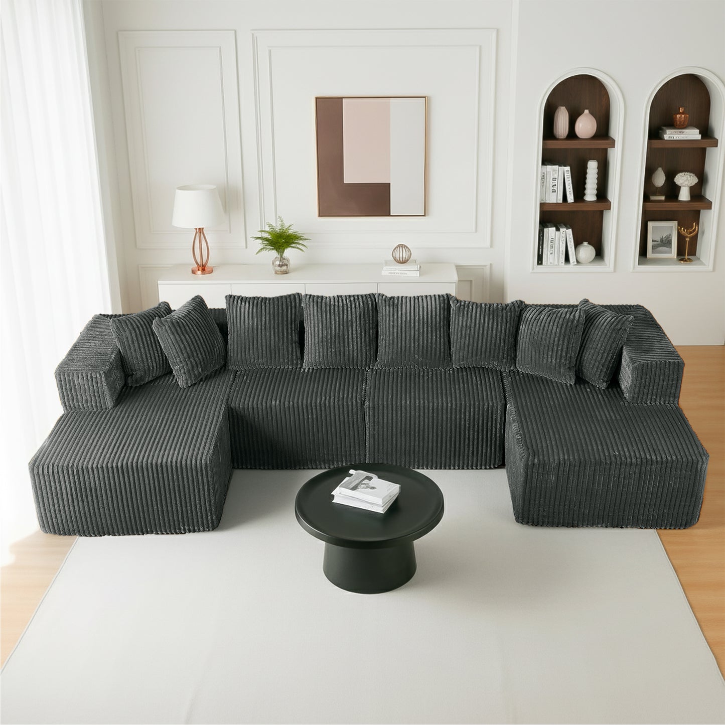Gray Corduroy Modular Sectional Sofa – U-Design 4-Seat Living Room Couch with Leg Support & Space-Saving Flexibility