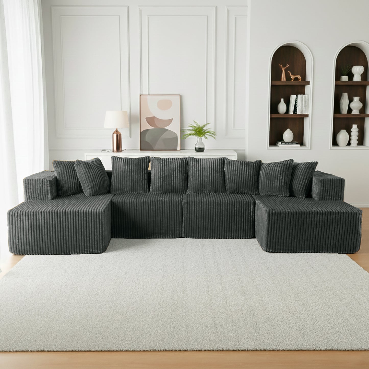 Gray Corduroy Modular Sectional Sofa – U-Design 4-Seat Living Room Couch with Leg Support & Space-Saving Flexibility