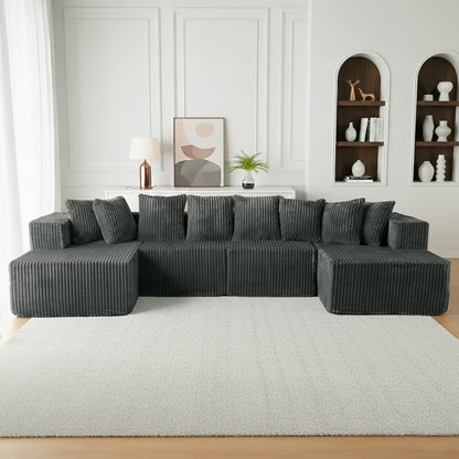 Gray Corduroy Modular Sectional Sofa – U-Design 4-Seat Living Room Couch with Leg Support & Space-Saving Flexibility