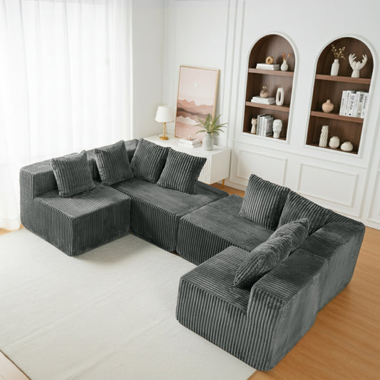 Gray Corduroy Modular Sectional Sofa – U-Design 4-Seat Living Room Couch with Leg Support & Space-Saving Flexibility