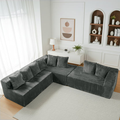 Gray Corduroy Modular Sectional Sofa – U-Design 4-Seat Living Room Couch with Leg Support & Space-Saving Flexibility