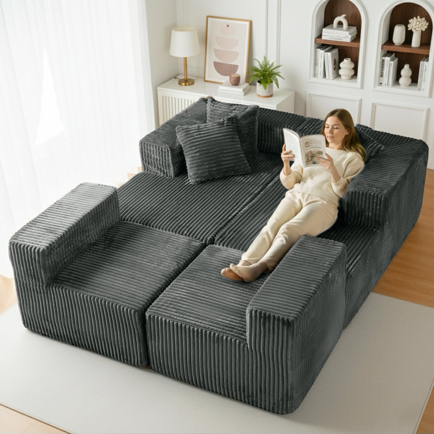 Gray Corduroy Modular Sectional Sofa – U-Design 4-Seat Living Room Couch with Leg Support & Space-Saving Flexibility