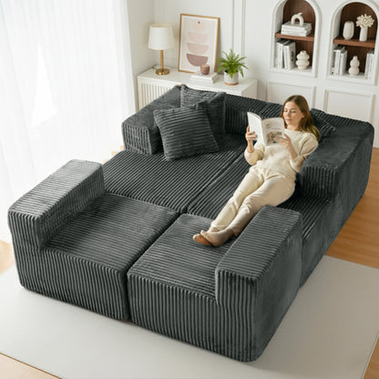 Gray Corduroy Modular Sectional Sofa – U-Design 4-Seat Living Room Couch with Leg Support & Space-Saving Flexibility