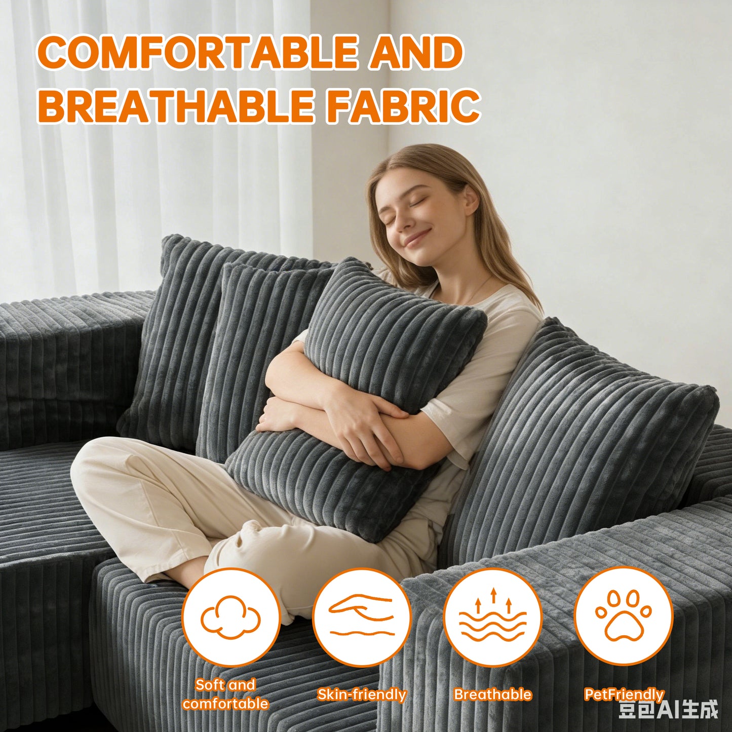 Gray Corduroy Modular Sectional Sofa – U-Design 4-Seat Living Room Couch with Leg Support & Space-Saving Flexibility