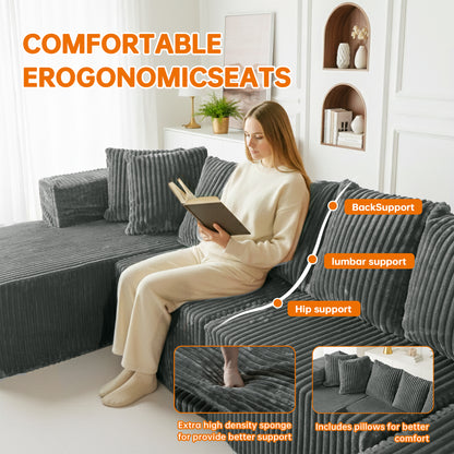 Gray Corduroy Modular Sectional Sofa – U-Design 4-Seat Living Room Couch with Leg Support & Space-Saving Flexibility
