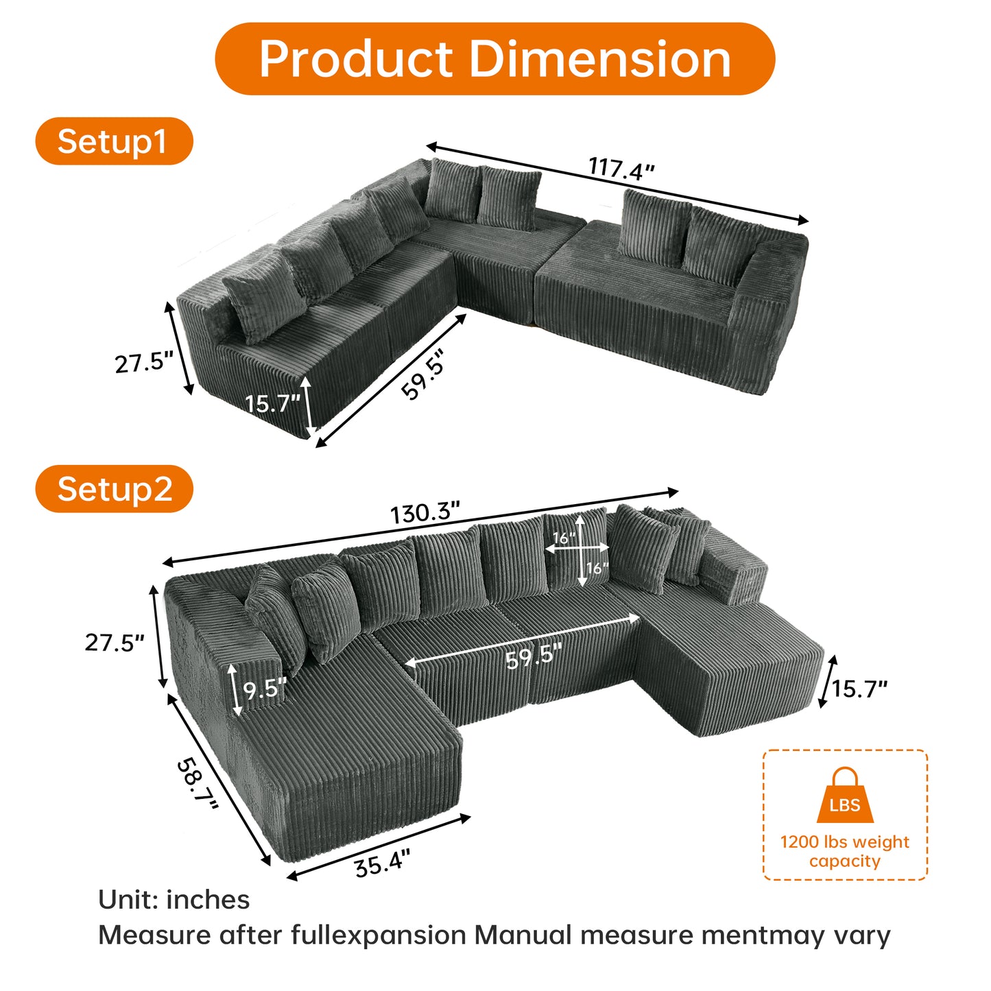Gray Corduroy Modular Sectional Sofa – U-Design 4-Seat Living Room Couch with Leg Support & Space-Saving Flexibility