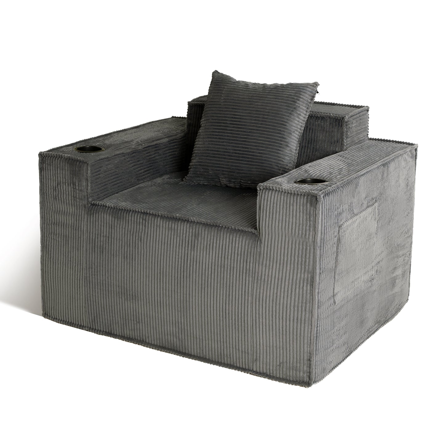 Gray Single Seat Cordyroy Sofa with Dual Cup Holders & Backrest Pillow - No Installation, Self-Shaping