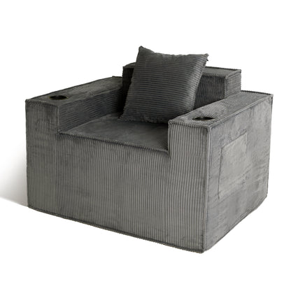 Gray Single Seat Cordyroy Sofa with Dual Cup Holders & Backrest Pillow - No Installation, Self-Shaping