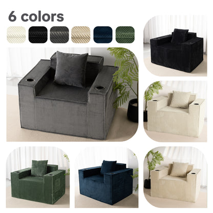 Gray Single Seat Cordyroy Sofa with Dual Cup Holders & Backrest Pillow - No Installation, Self-Shaping