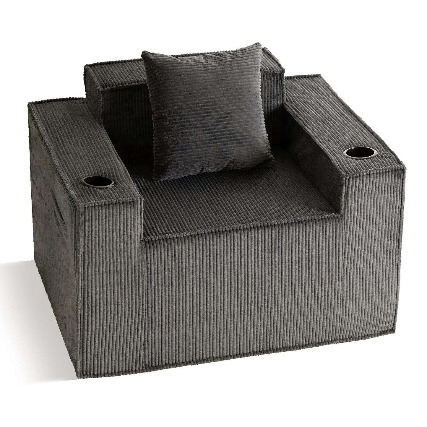 Gray Single Seat Cordyroy Sofa with Dual Cup Holders & Backrest Pillow - No Installation, Self-Shaping