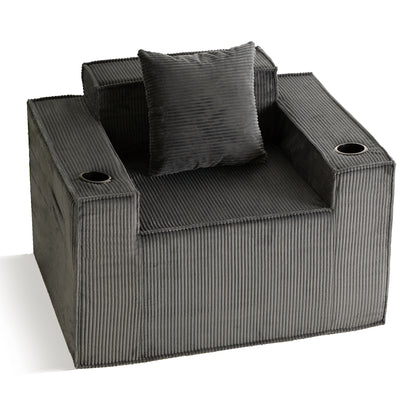 Gray Single Seat Cordyroy Sofa with Dual Cup Holders & Backrest Pillow - No Installation, Self-Shaping