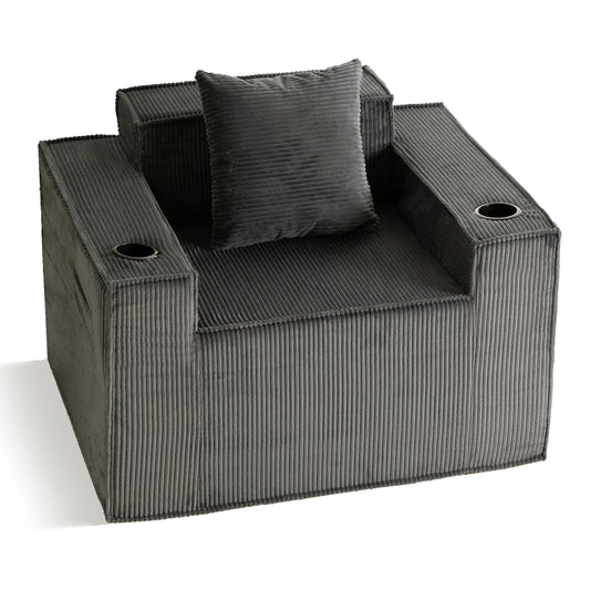 Gray Single Seat Cordyroy Sofa with Dual Cup Holders & Backrest Pillow - No Installation, Self-Shaping