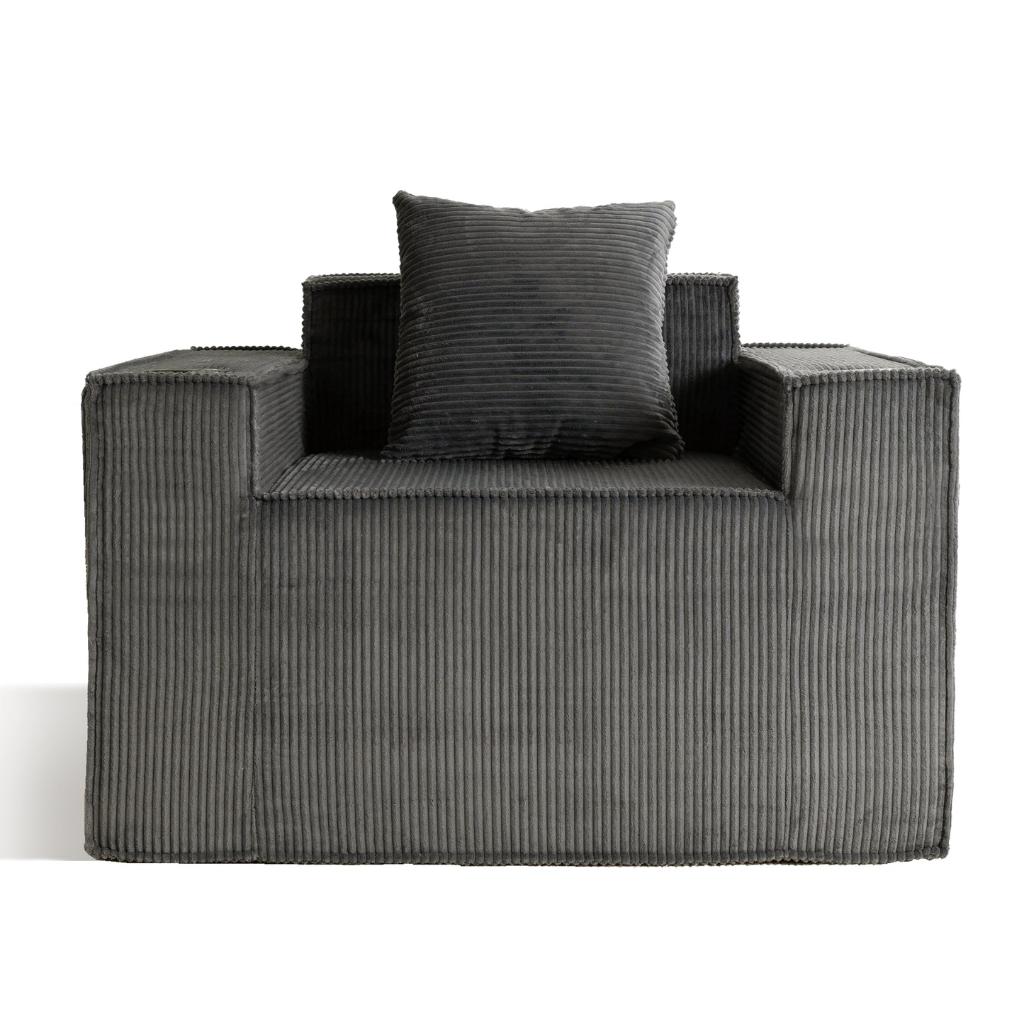 Gray Single Seat Cordyroy Sofa with Dual Cup Holders & Backrest Pillow - No Installation, Self-Shaping