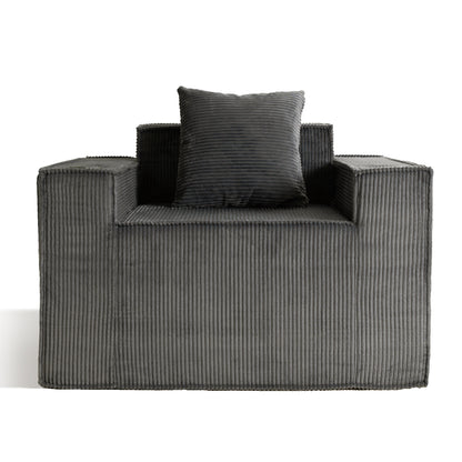 Gray Single Seat Cordyroy Sofa with Dual Cup Holders & Backrest Pillow - No Installation, Self-Shaping