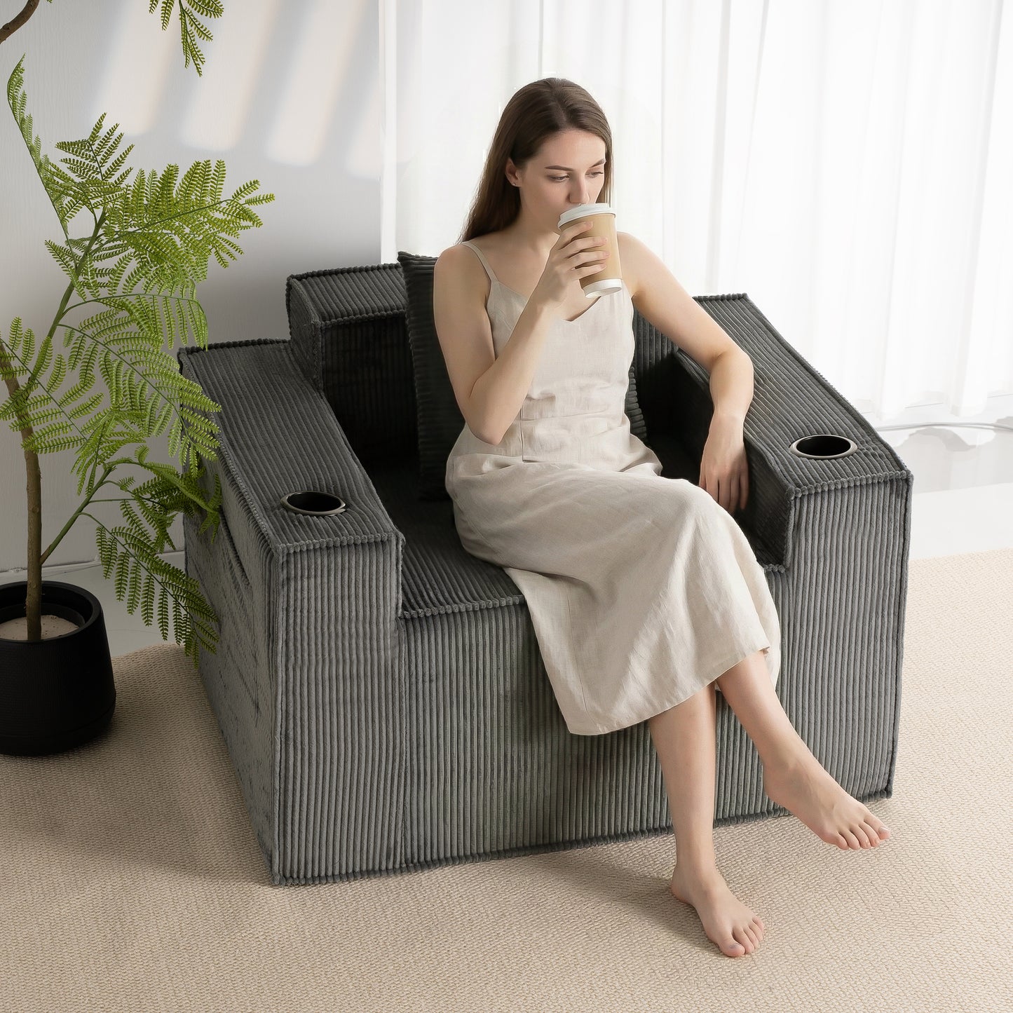 Gray Single Seat Cordyroy Sofa with Dual Cup Holders & Backrest Pillow - No Installation, Self-Shaping