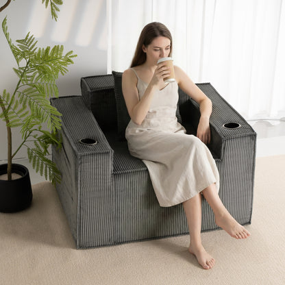 Gray Single Seat Cordyroy Sofa with Dual Cup Holders & Backrest Pillow - No Installation, Self-Shaping