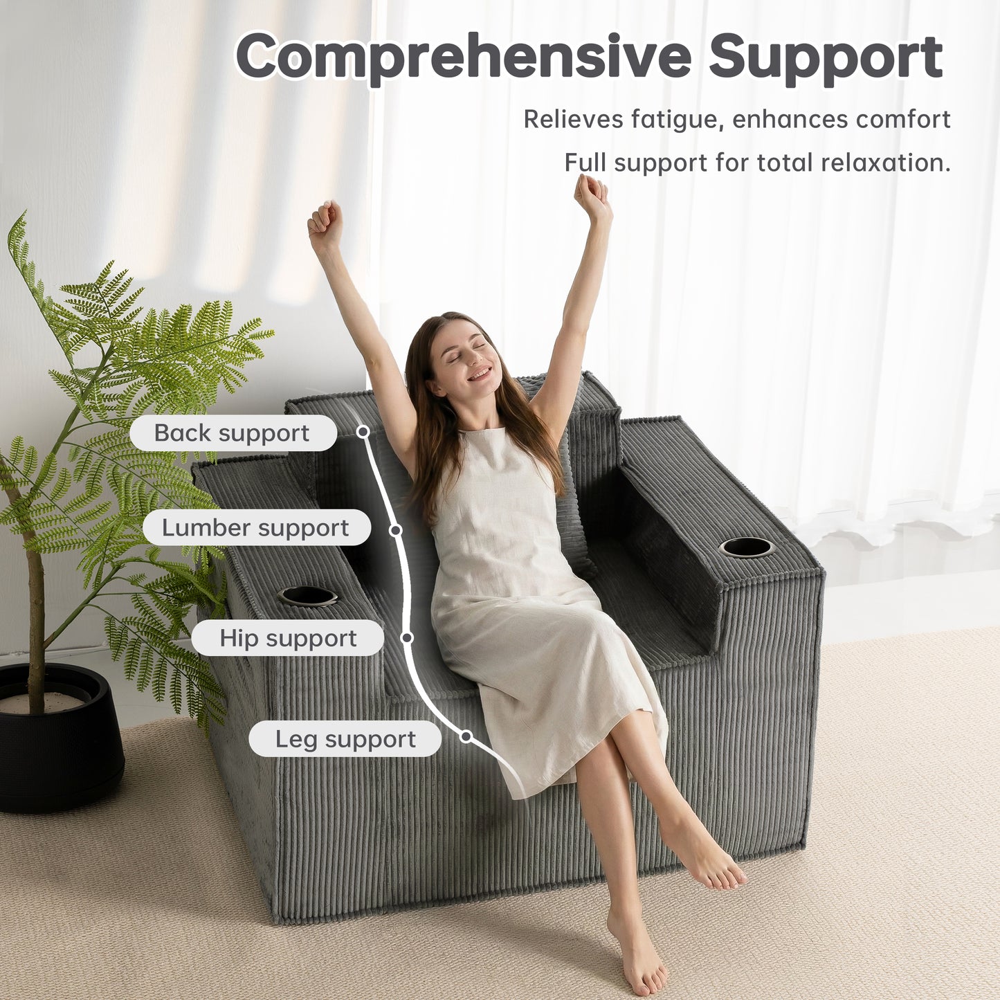 Gray Single Seat Cordyroy Sofa with Dual Cup Holders & Backrest Pillow - No Installation, Self-Shaping