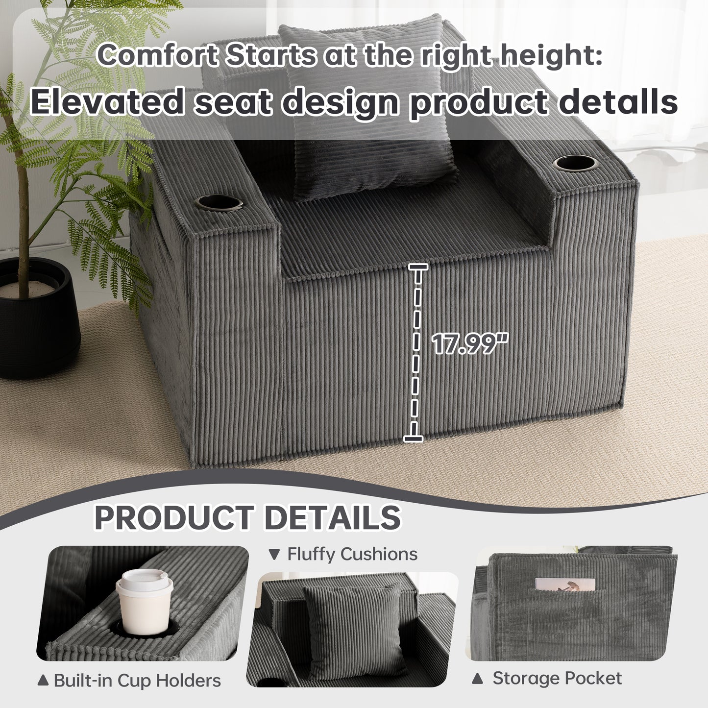 Gray Single Seat Cordyroy Sofa with Dual Cup Holders & Backrest Pillow - No Installation, Self-Shaping