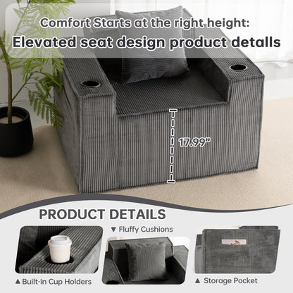 Gray Single Seat Cordyroy Sofa with Dual Cup Holders & Backrest Pillow - No Installation, Self-Shaping
