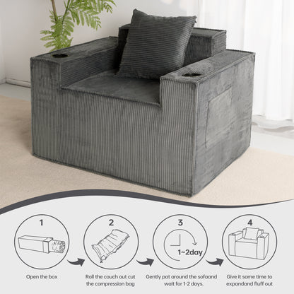 Gray Single Seat Cordyroy Sofa with Dual Cup Holders & Backrest Pillow - No Installation, Self-Shaping