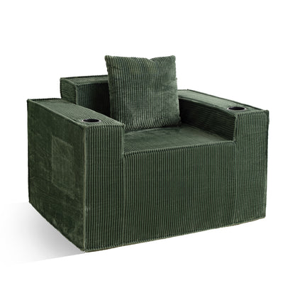 Green Corduroy Single Seat Sofa – No Assembly, Self - Expanding with Dual Cup Holders for Living Room