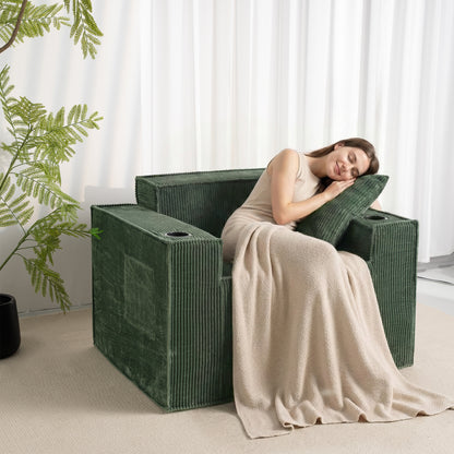 Green Corduroy Single Seat Sofa – No Assembly, Self - Expanding with Dual Cup Holders for Living Room