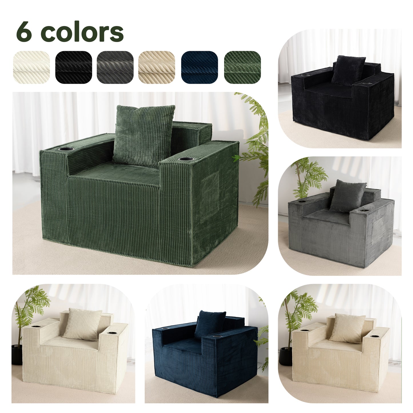 Green Corduroy Single Seat Sofa – No Assembly, Self - Expanding with Dual Cup Holders for Living Room
