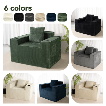Green Corduroy Single Seat Sofa – No Assembly, Self - Expanding with Dual Cup Holders for Living Room