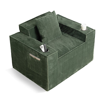 Green Corduroy Single Seat Sofa – No Assembly, Self - Expanding with Dual Cup Holders for Living Room