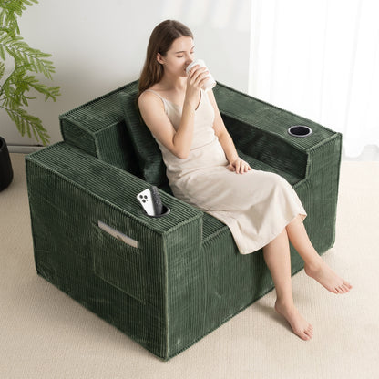 Green Corduroy Single Seat Sofa – No Assembly, Self - Expanding with Dual Cup Holders for Living Room