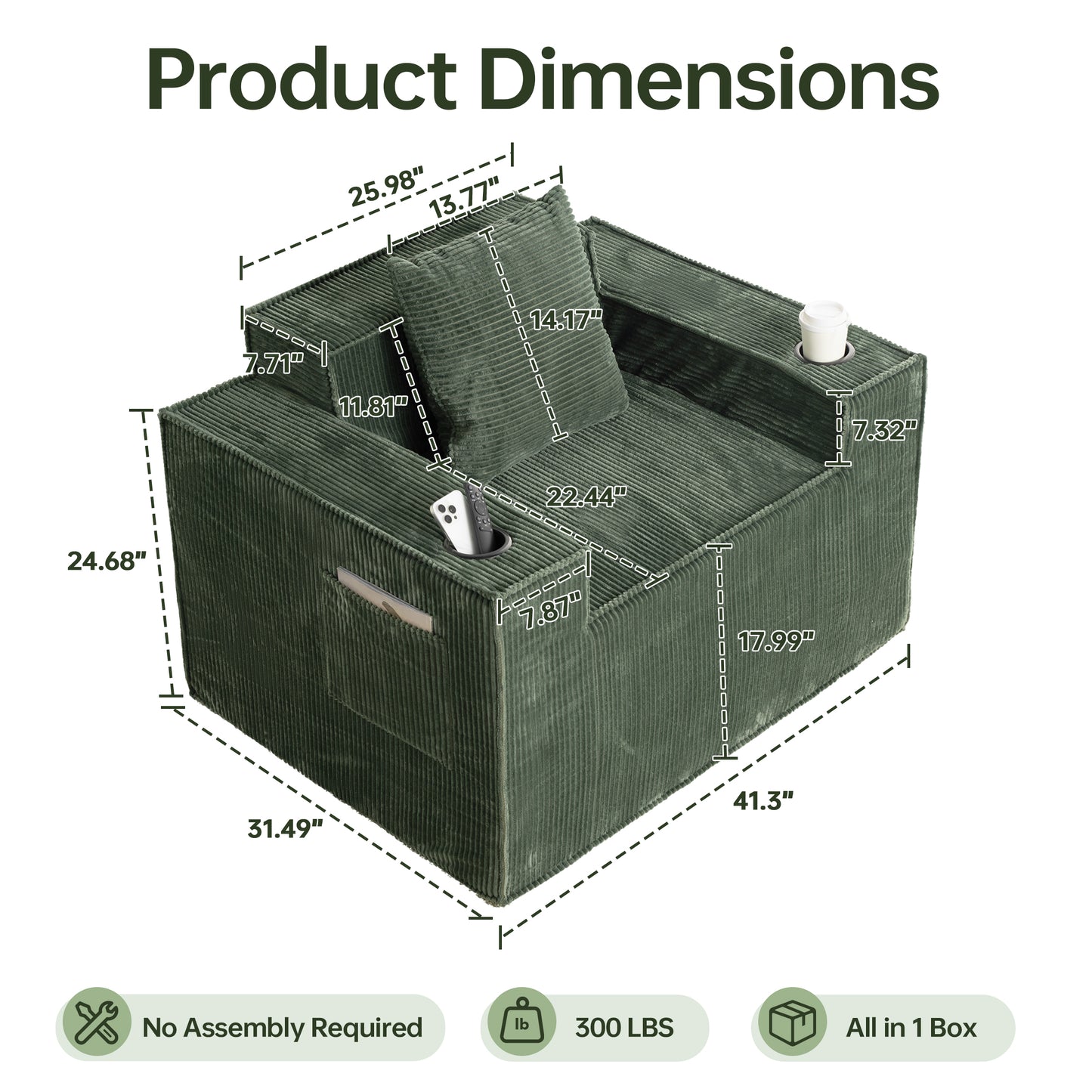 Green Corduroy Single Seat Sofa – No Assembly, Self - Expanding with Dual Cup Holders for Living Room