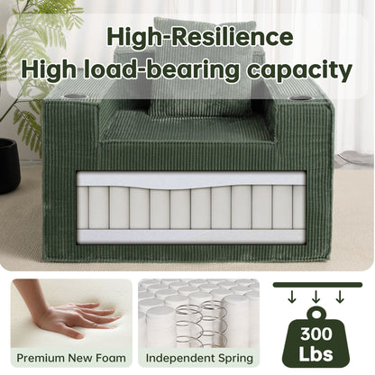 Green Corduroy Single Seat Sofa – No Assembly, Self - Expanding with Dual Cup Holders for Living Room