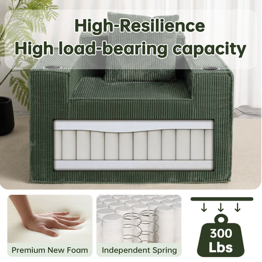 Green Corduroy Single Seat Sofa – No Assembly, Self - Expanding with Dual Cup Holders for Living Room