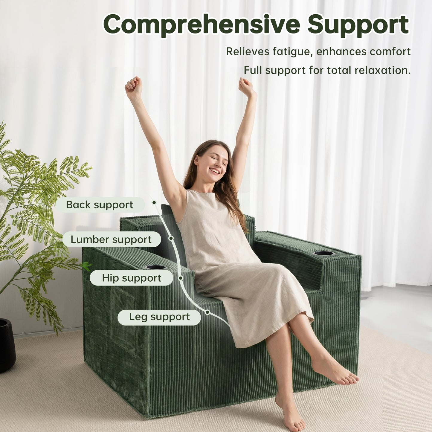 Green Corduroy Single Seat Sofa – No Assembly, Self - Expanding with Dual Cup Holders for Living Room