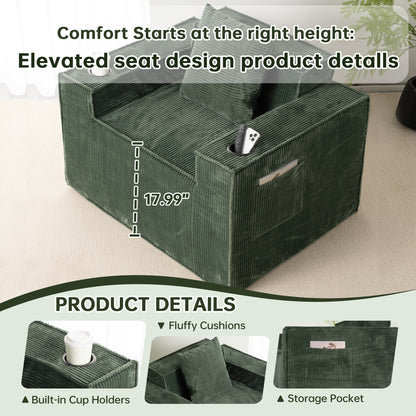 Green Corduroy Single Seat Sofa – No Assembly, Self - Expanding with Dual Cup Holders for Living Room