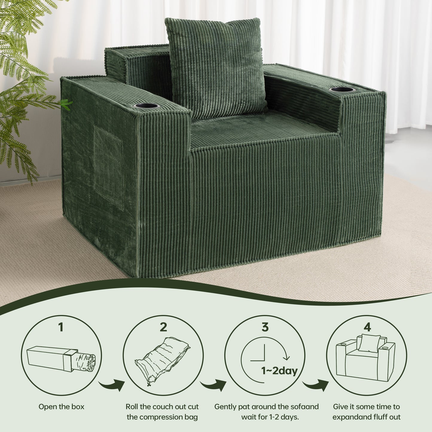 Green Corduroy Single Seat Sofa – No Assembly, Self - Expanding with Dual Cup Holders for Living Room