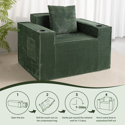 Green Corduroy Single Seat Sofa – No Assembly, Self - Expanding with Dual Cup Holders for Living Room