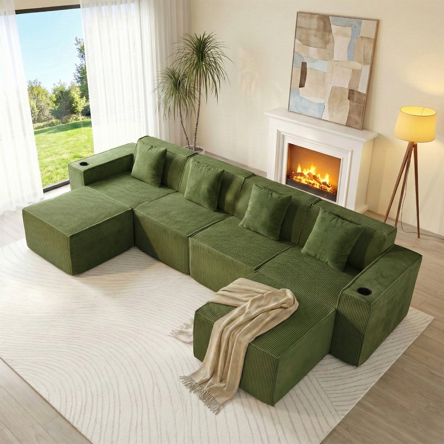 Green U-Shaped Modular Sectional Sofa with Cup Holders – 6-Seat Convertible Floor Sofa for Living Room