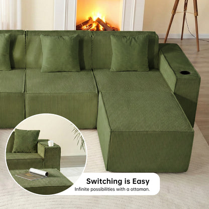 Green U-Shaped Modular Sectional Sofa with Cup Holders – 6-Seat Convertible Floor Sofa for Living Room