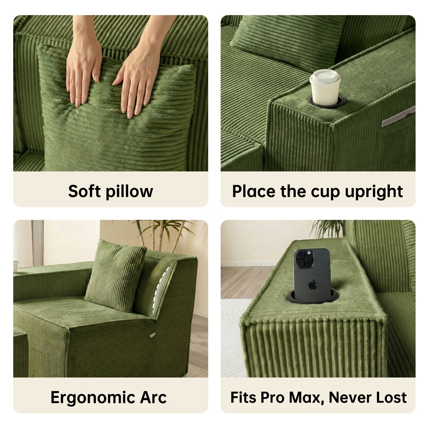 Green U-Shaped Modular Sectional Sofa with Cup Holders – 6-Seat Convertible Floor Sofa for Living Room