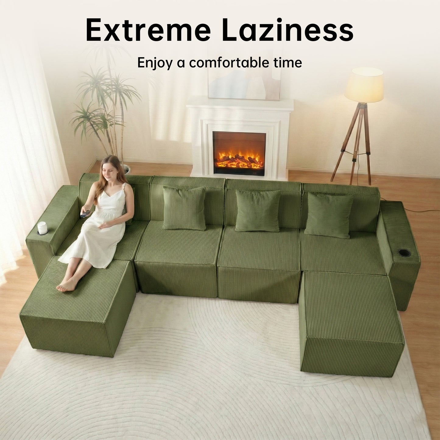 Green U-Shaped Modular Sectional Sofa with Cup Holders – 6-Seat Convertible Floor Sofa for Living Room