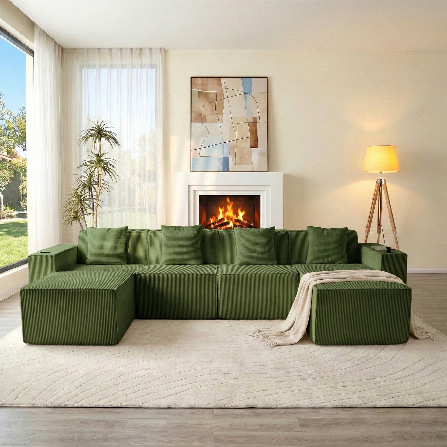 Green U-Shaped Modular Sectional Sofa with Cup Holders – 6-Seat Convertible Floor Sofa for Living Room
