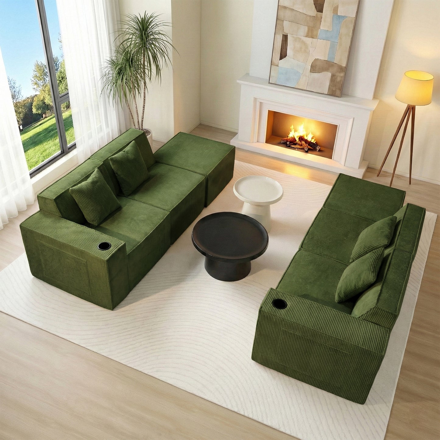 Green U-Shaped Modular Sectional Sofa with Cup Holders – 6-Seat Convertible Floor Sofa for Living Room