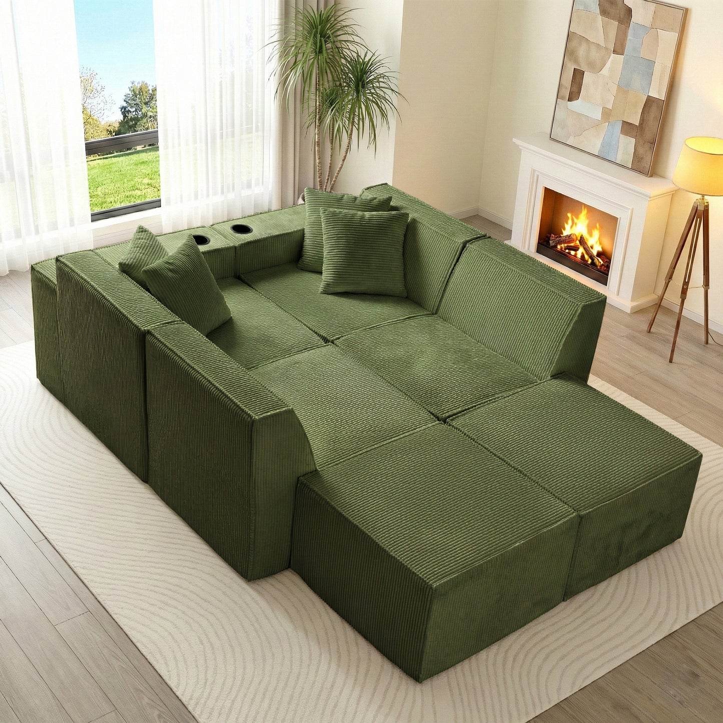 Green U-Shaped Modular Sectional Sofa with Cup Holders – 6-Seat Convertible Floor Sofa for Living Room